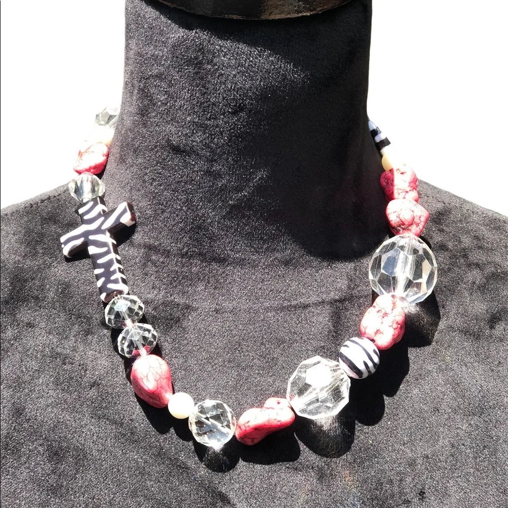 Zebra Religious Cross Bling Statement Collar Necklace - Picture 3 of 9